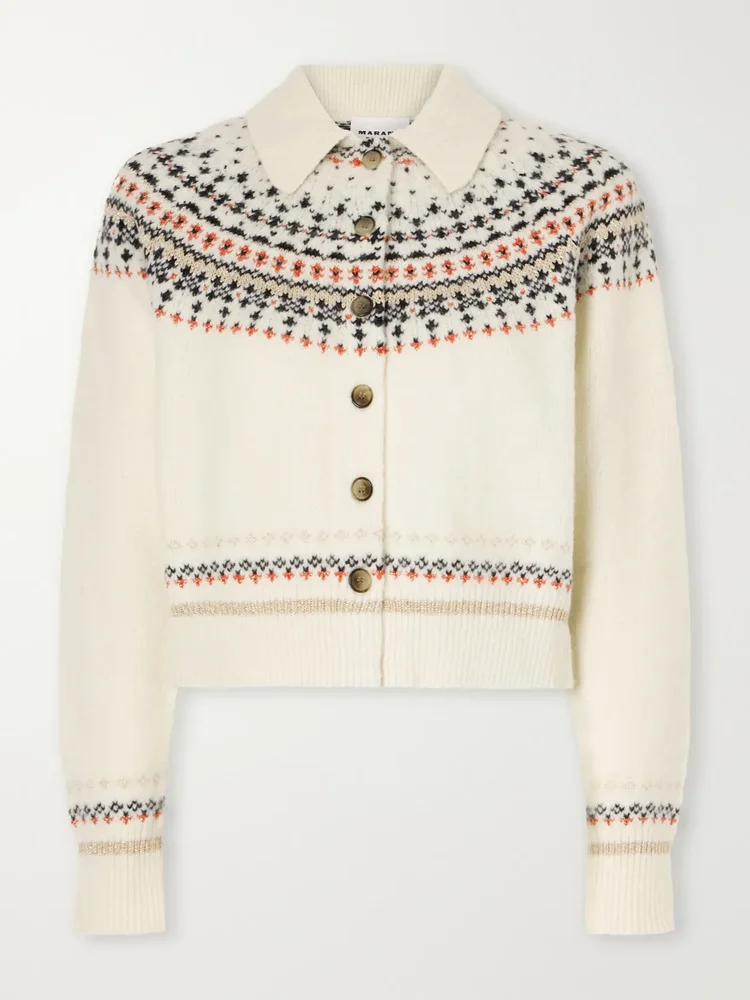 Zoe Cropped Fair Isle Rib-Trimmed Knitted Cardigan