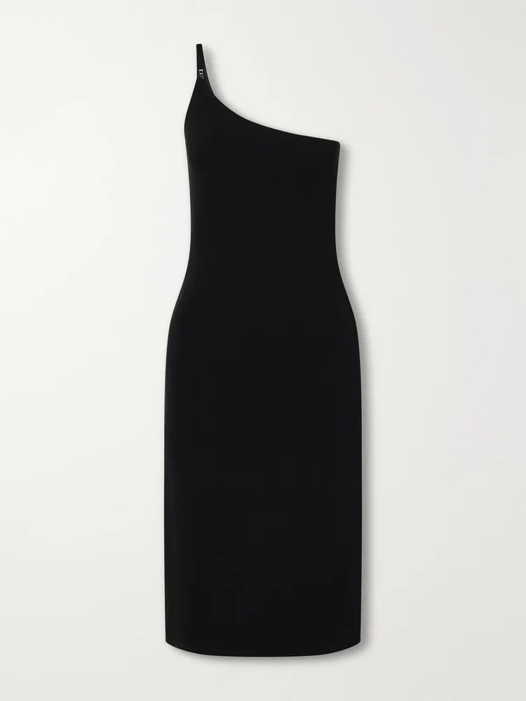 One-shoulder logo-embellished crepe-jersey midi dress