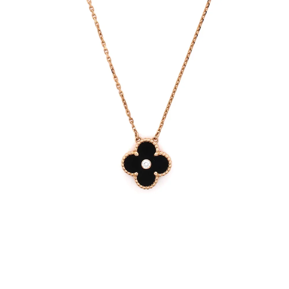 Vintage Alhambra Pendant Necklace 18K Rose Gold And Onyx With Diamond