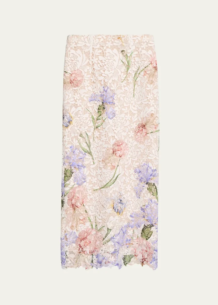Iris Degrade Print Guipure Lace Midi Skirt