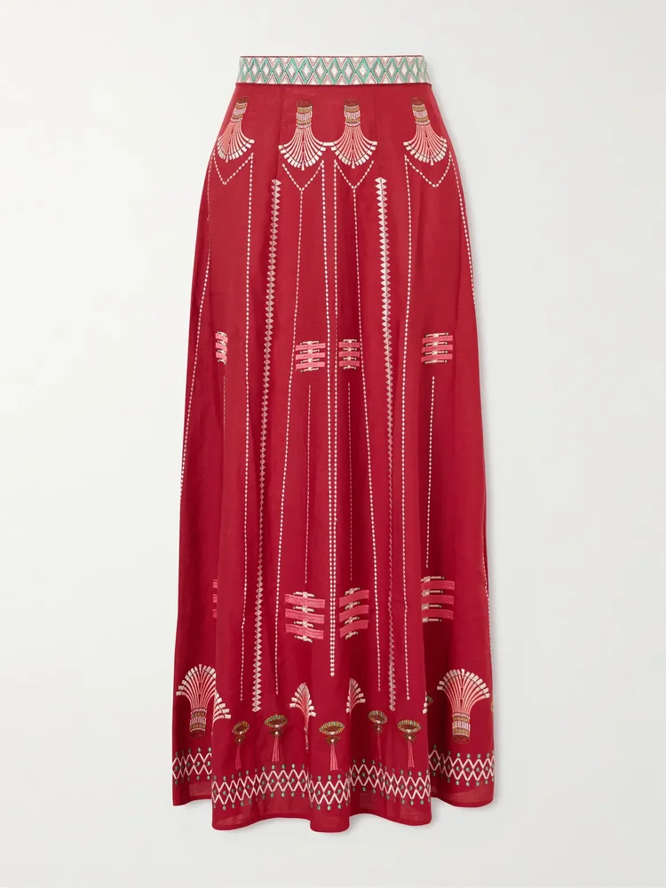 Embroidered linen and cotton-blend maxi skirt