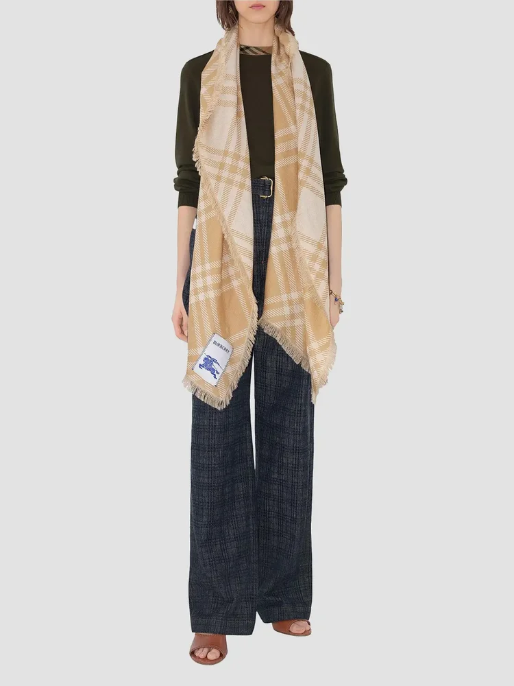 Wide Check Wool Scarf