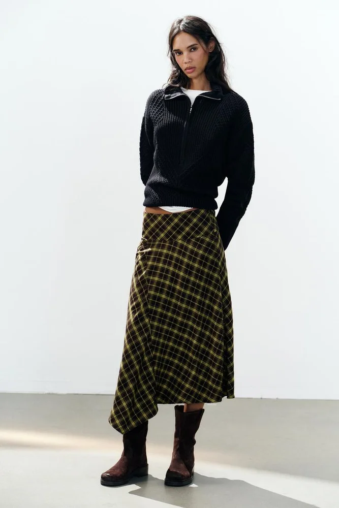 ASYMMETRIC CHECKED MIDI SKIRT