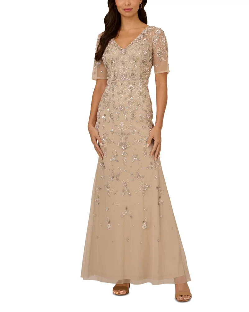 Beaded Mesh Long Dress