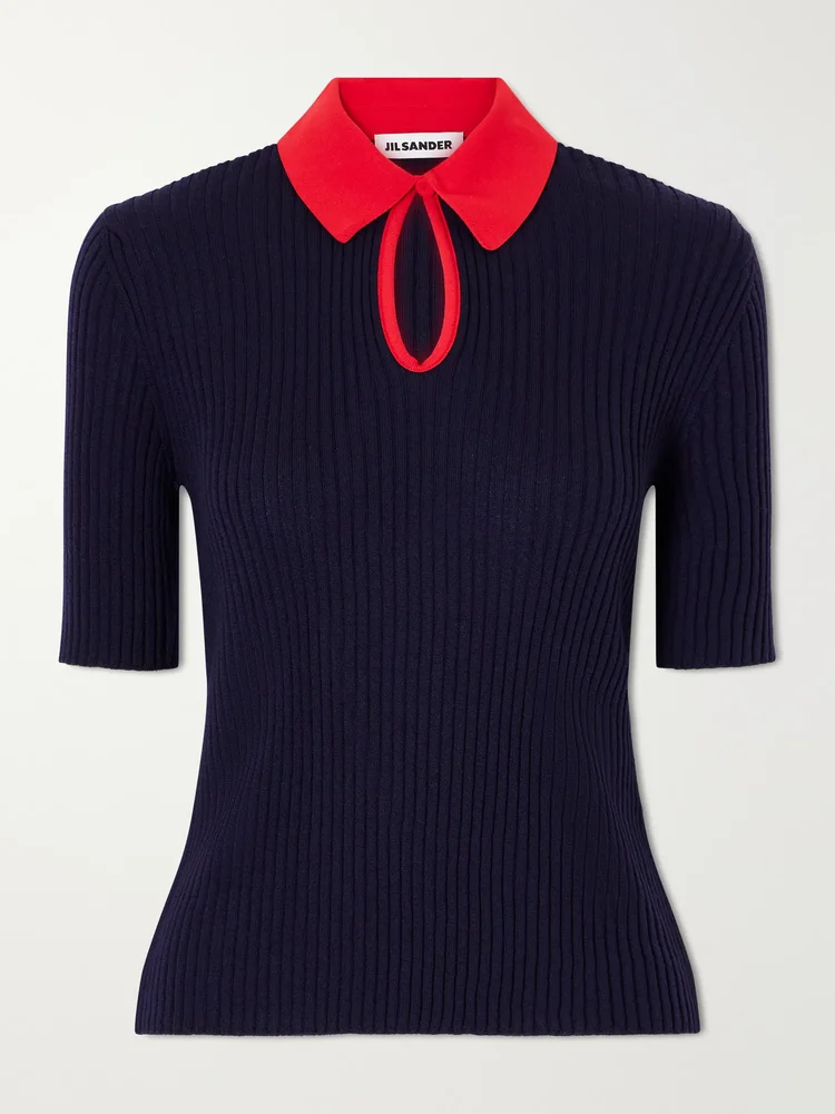 Two-tone ribbed wool polo shirt