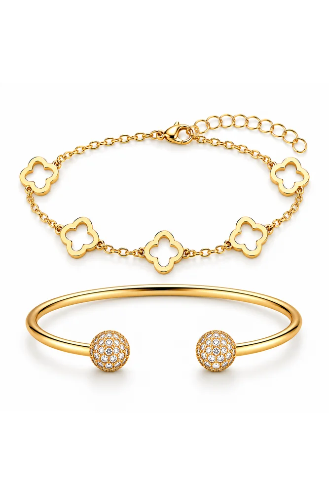 Gold-Tone Clover & Pave Ball Stacking Bracelet Set