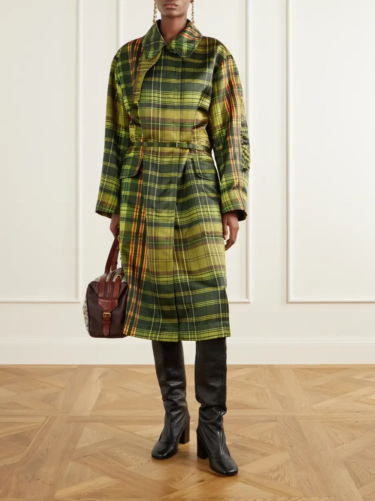 Belted checked duchesse satin coat