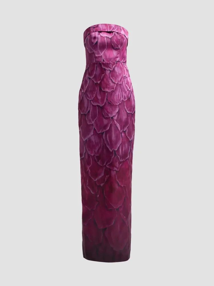 Cleo Ombré Petal-Print Strapless Column Gown