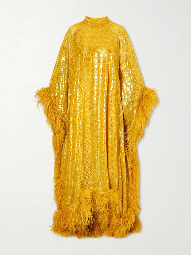 Casta Diva feather-trimmed jacquard-knit metallic fil coupé silk-blend gown