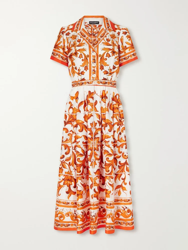 Floral-printed silk-twill midi dress
