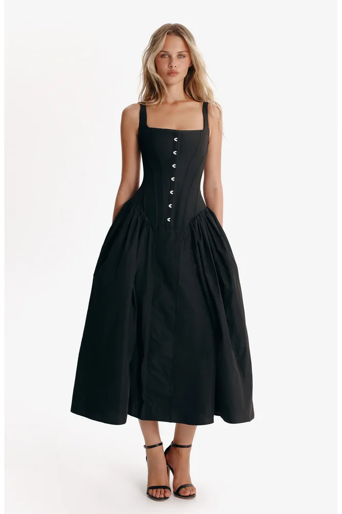 Structured Corset Midi Formal Occasion Dress in Black