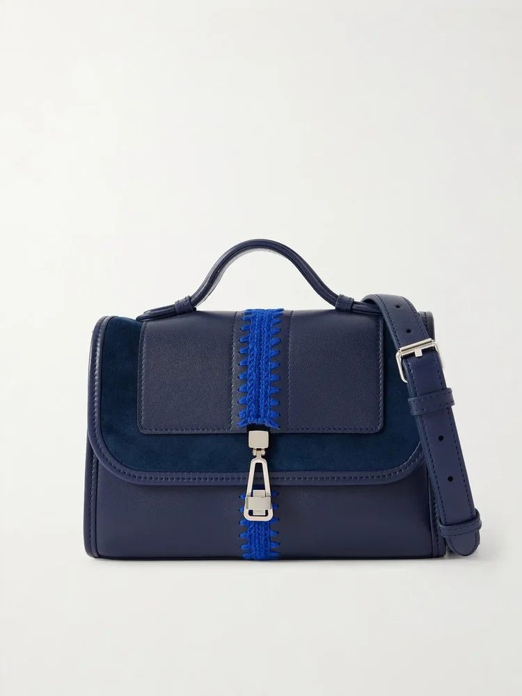 Leonora small crochet and suede-trimmed leather shoulder bag
