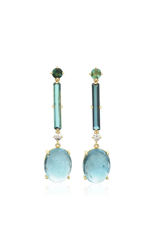 18K Yellow Gold Tourmaline Aquamarine & Diamond Neptune’s Earrings
