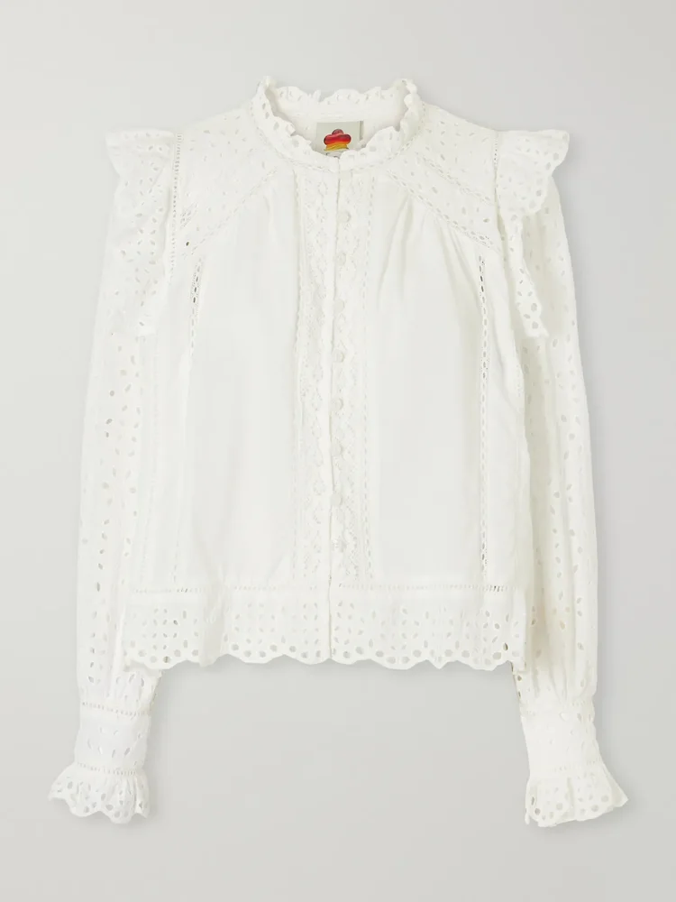 Ruffled broderie anglaise-trimmed cotton blouse