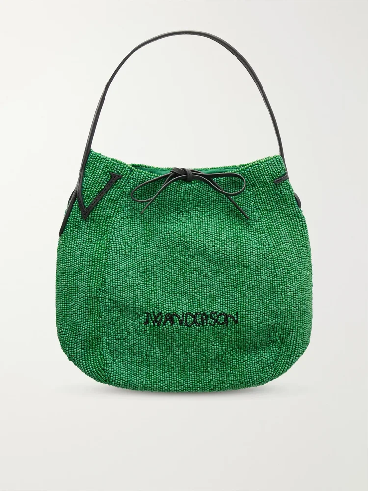 Bead-embellished leather-trimmed canvas tote