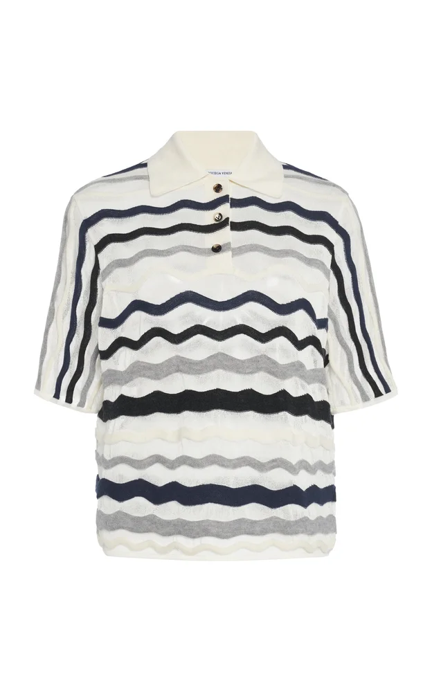 Wavy-Knit Cotton-Blend Polo Top