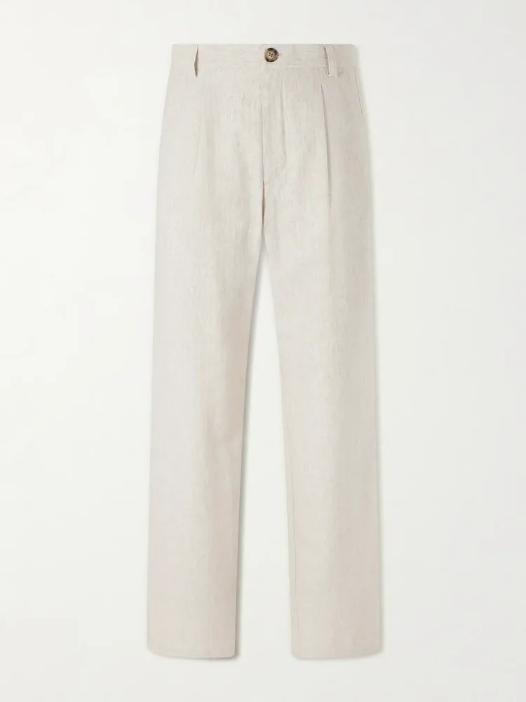 Morton Straight-Leg Pleated Cotton and Linen-Blend Trousers