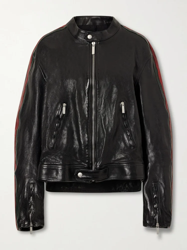 Biker Web Trimmed Full Grain Leather Jacket