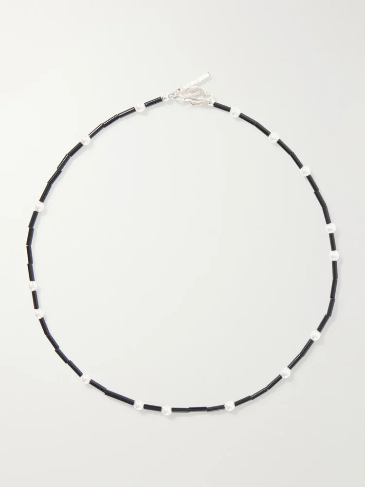 Night Sky sterling silver, pearl and onyx beaded necklace