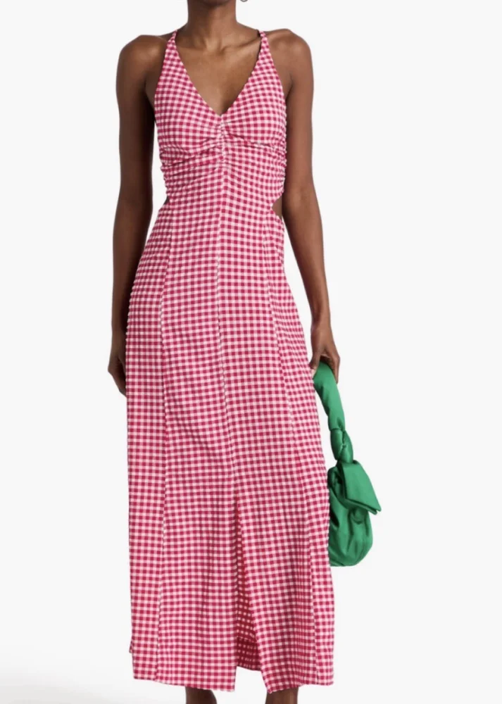 GANNI Red/White Gingham Ruched Cutout Ruffle V-Neck Maxi Dress EU 38