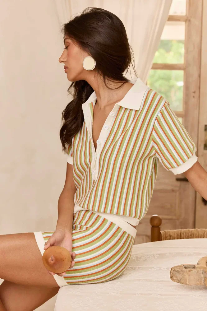 ELYSIAN COLLARED KNIT TOP - LIME GREEN MULTI