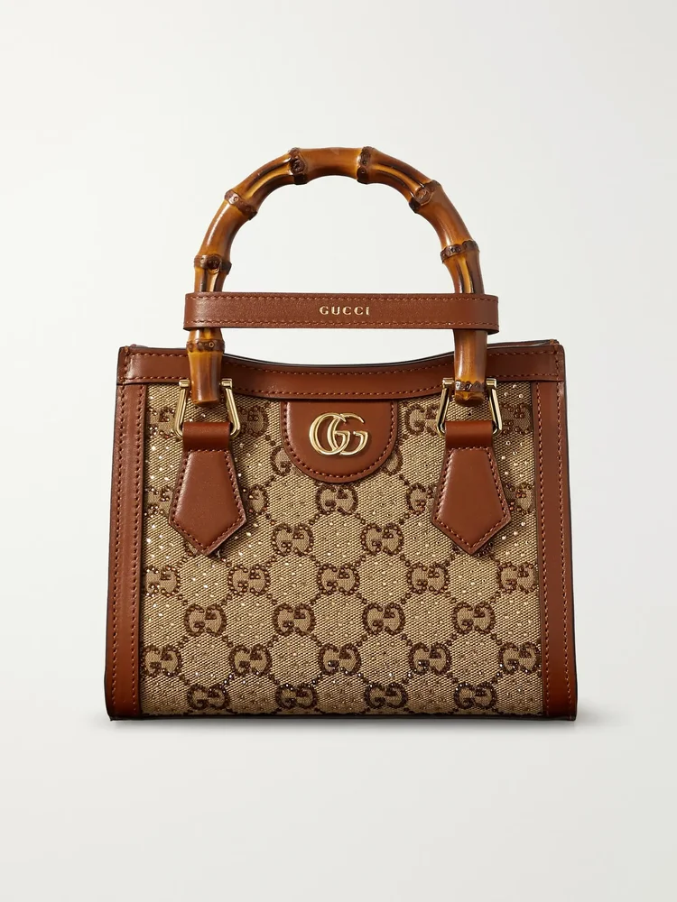 Diana mini leather-trimmed crystal-embellished canvas-jacquard tote