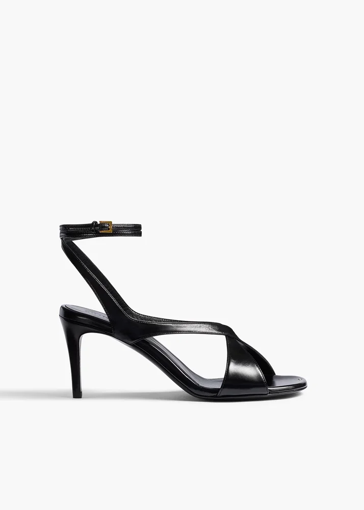 Liria Ankle Strap Sandal in Black Glazed Leather