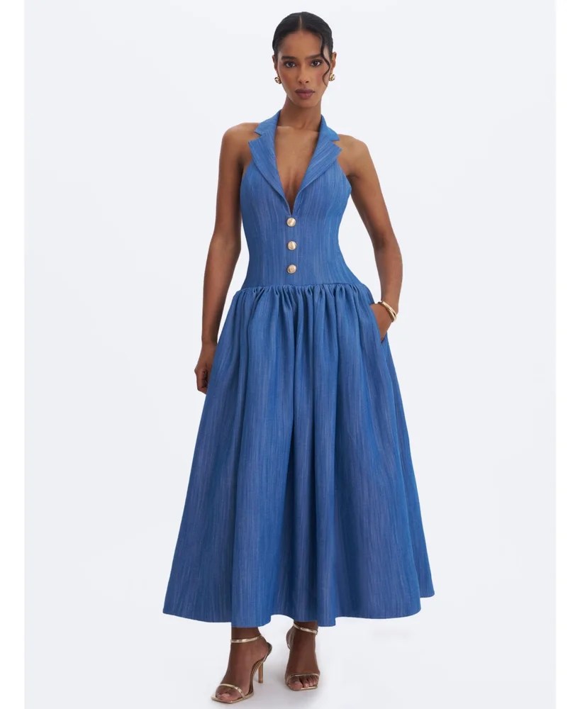 Xyan Halter A-Line Sleeveless Denim Dress