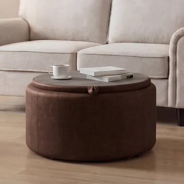 27.2-inch Upholstered Round Tufted Ottoman With Storage