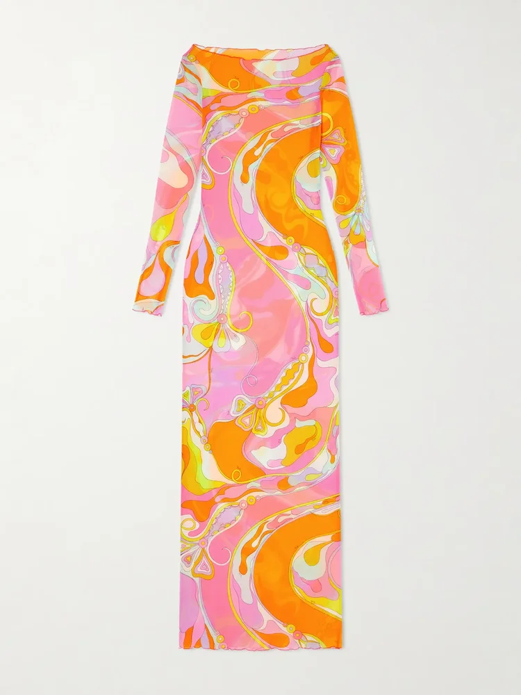 printed tulle maxi dress