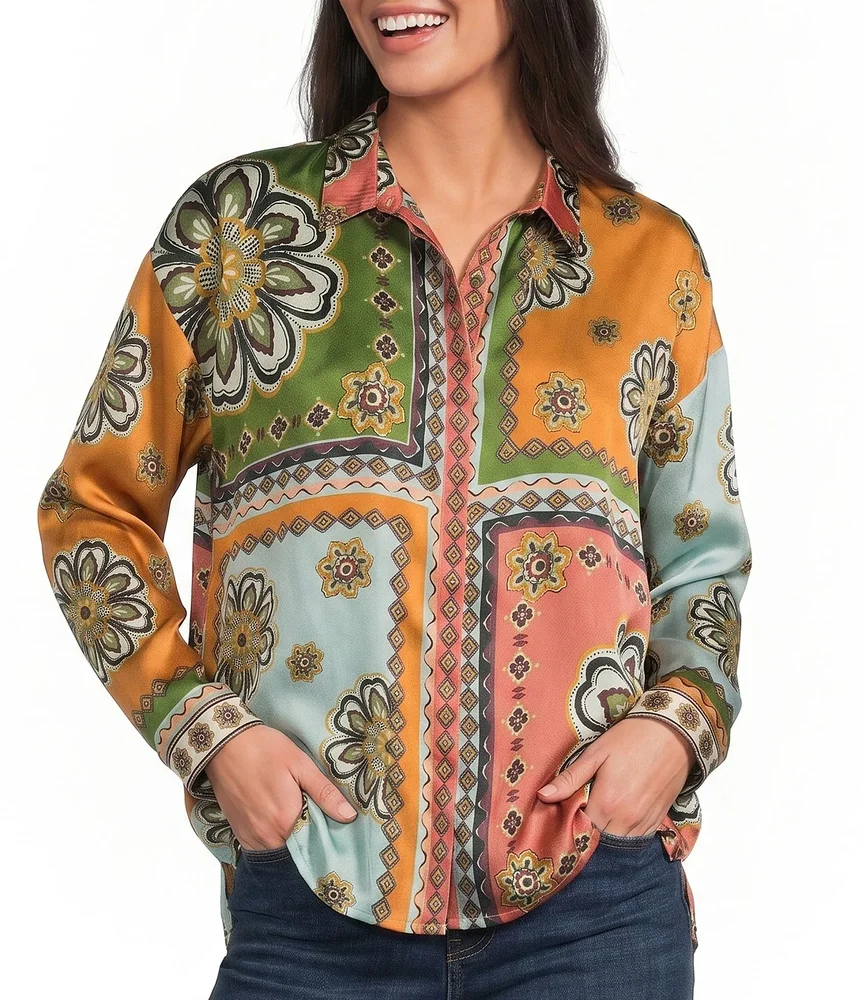 Audrey Patch Print Point Collar Long Sleeve Hidden Placket Button-Front Shirt