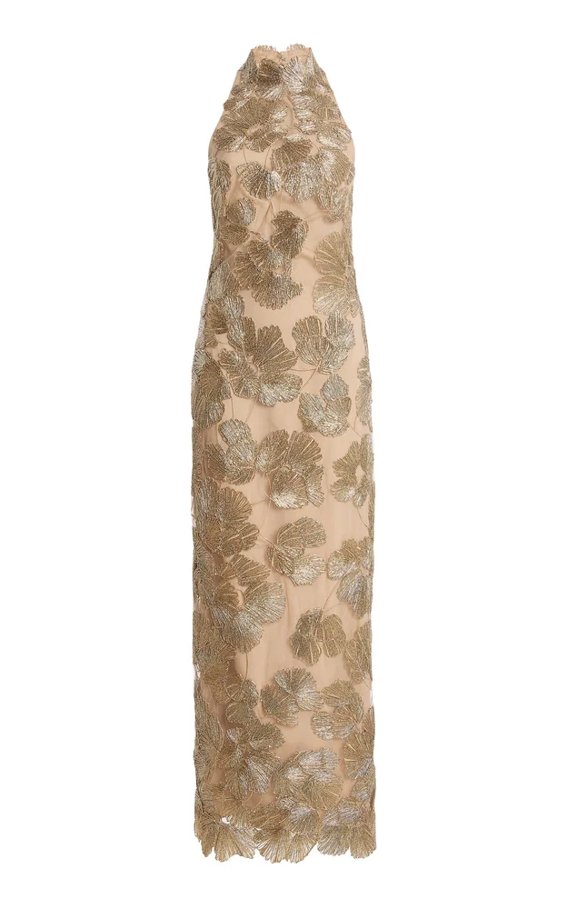 Embroidered Tulle Halter Maxi Dress