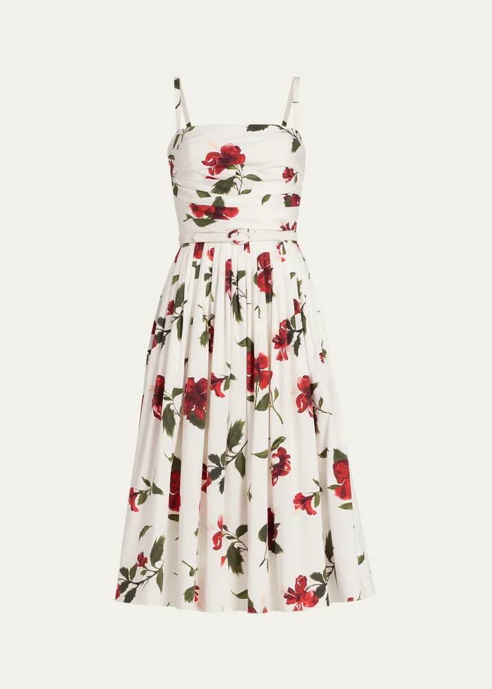 Sleeveless Hibiscus Print Cotton Pleated Midi Dress