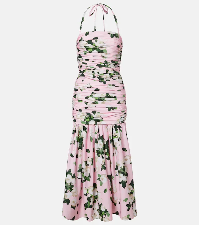 Floral ruched cotton-blend midi dress