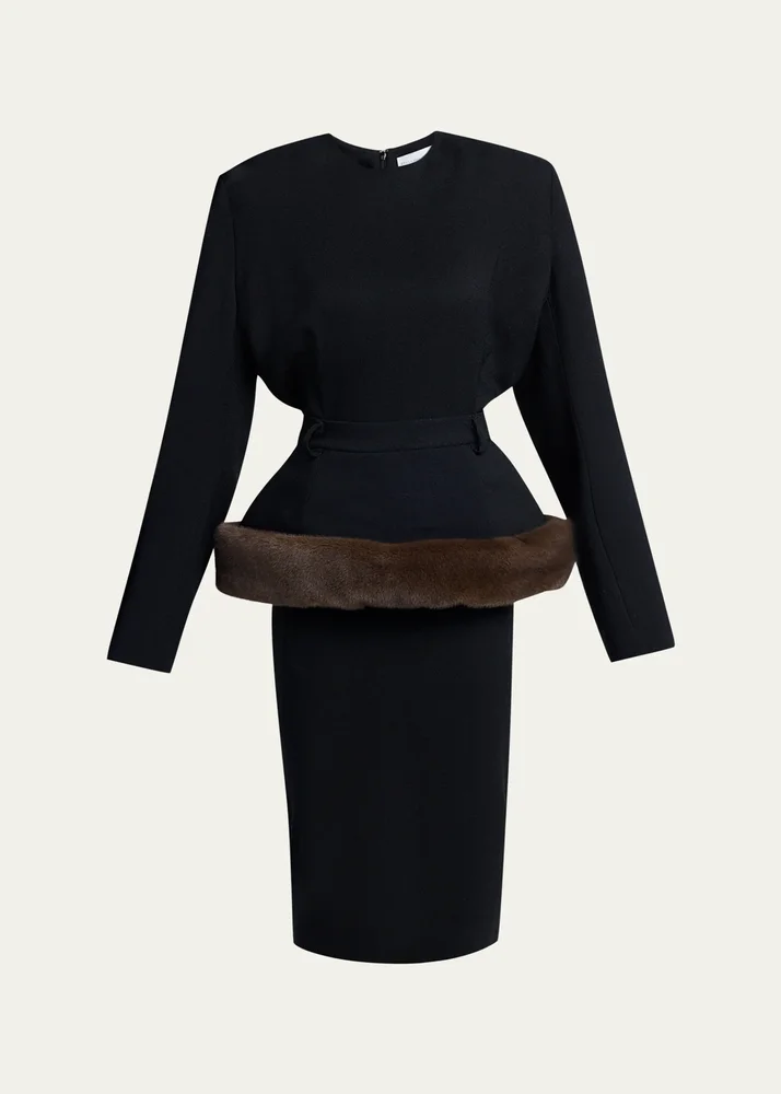 Long-Sleeve Belted Faux-Fur Peplum Midi Dress