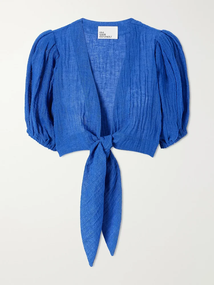 Pouf tie-detailed linen-blend blouse