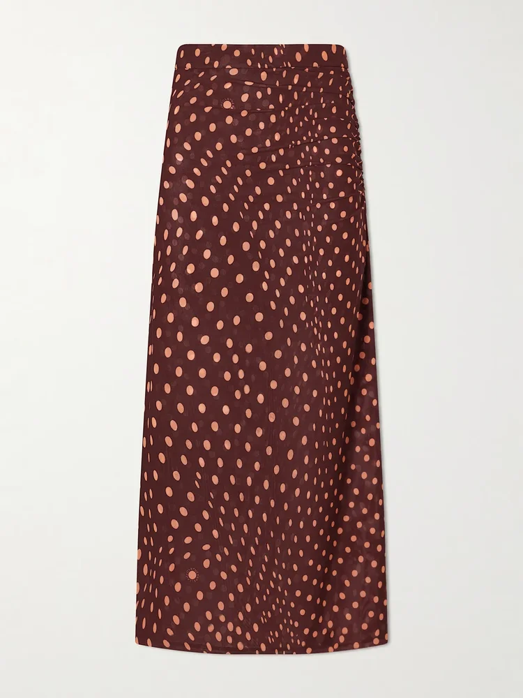 Gathered polka-dot mesh midi skirt