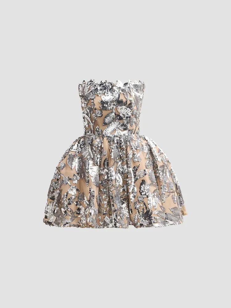 Chloe Sequined Floral Strapless Mini Dress