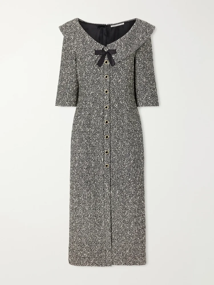 Bow-detailed silk-trimmed tweed midi dress