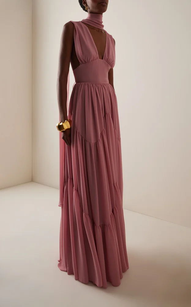 Exclusive Cara Mia Ruffled Silk Georgette Maxi Dress