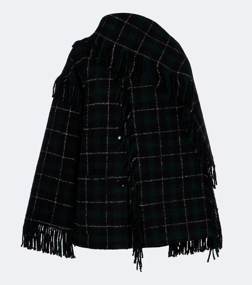 Fringed checked wool-blend coat