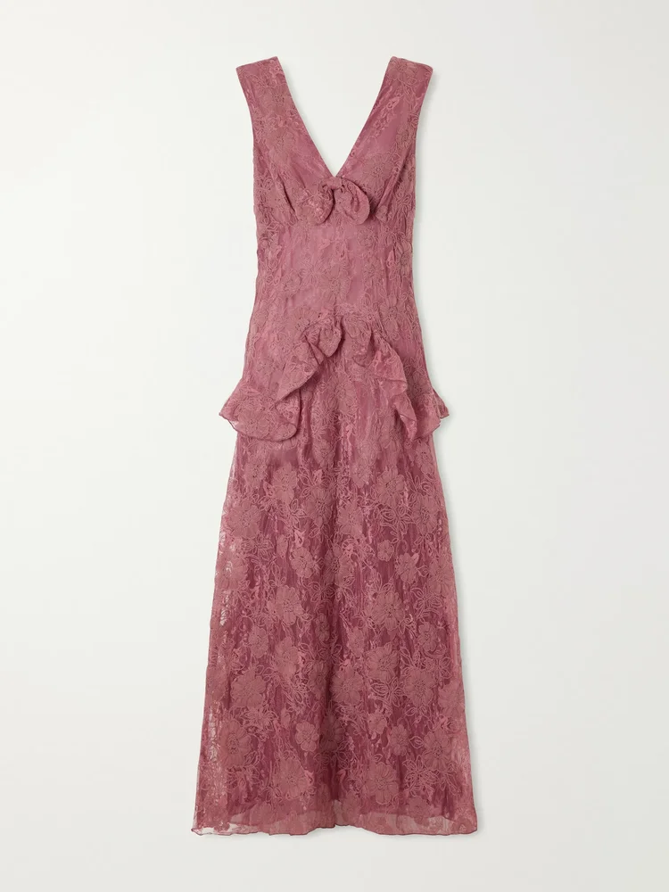 Bow-detail lace-embroidered midi dress