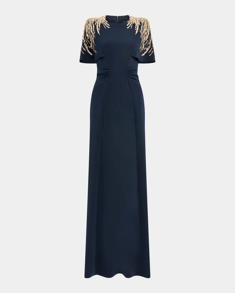 Embellished Petal-Sleeve Trumpet Gown