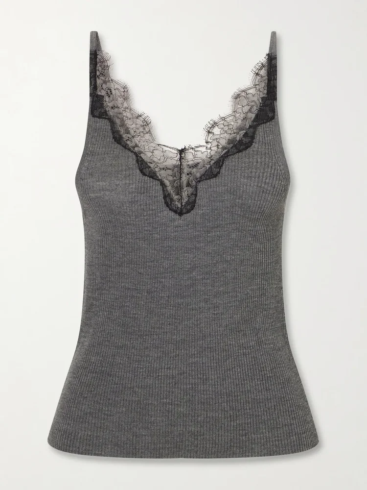 Aronia lace-trimmed ribbed silk-jersey tank