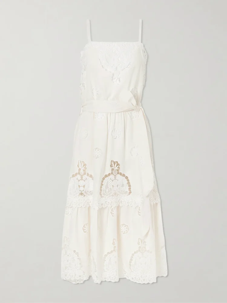 Esme belted guipure lace-trimmed cotton-blend midi dress