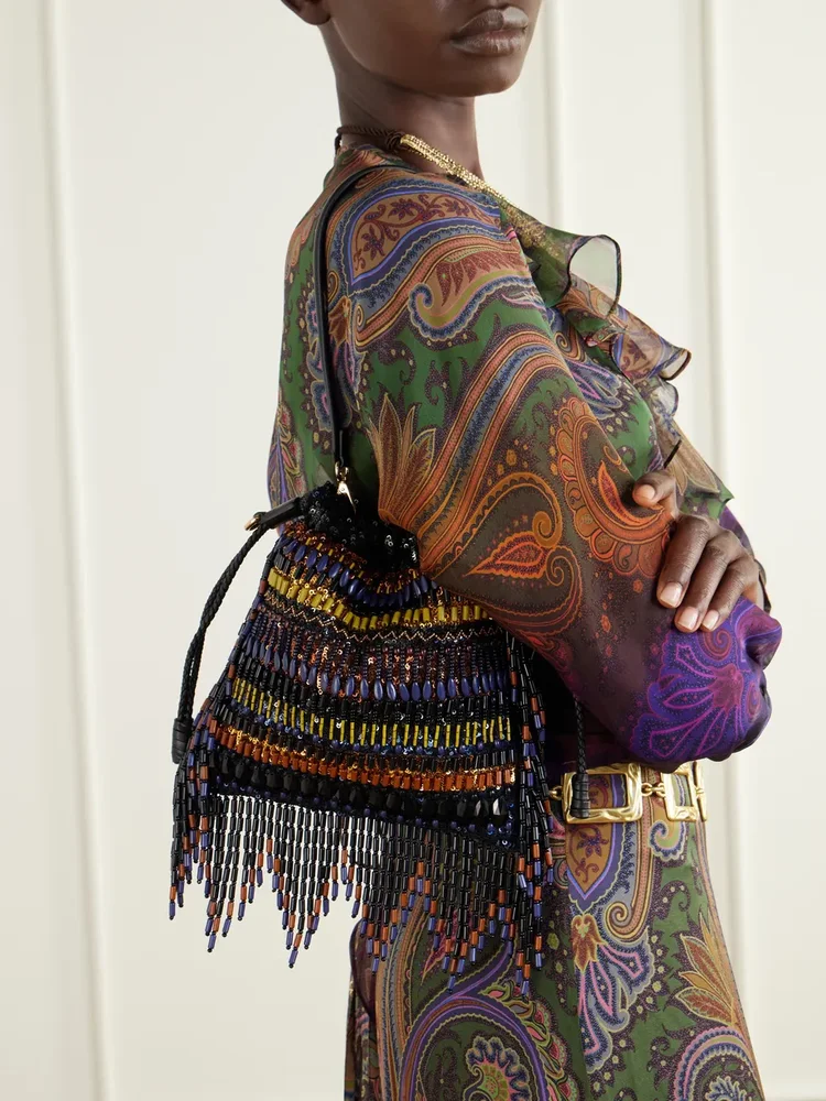 Kalispera fringed bead-embellished leather-trimmed sequined drawstring bag