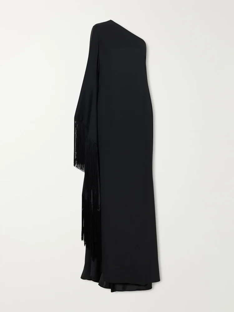 Viper one-shoulder fringed crepe gown