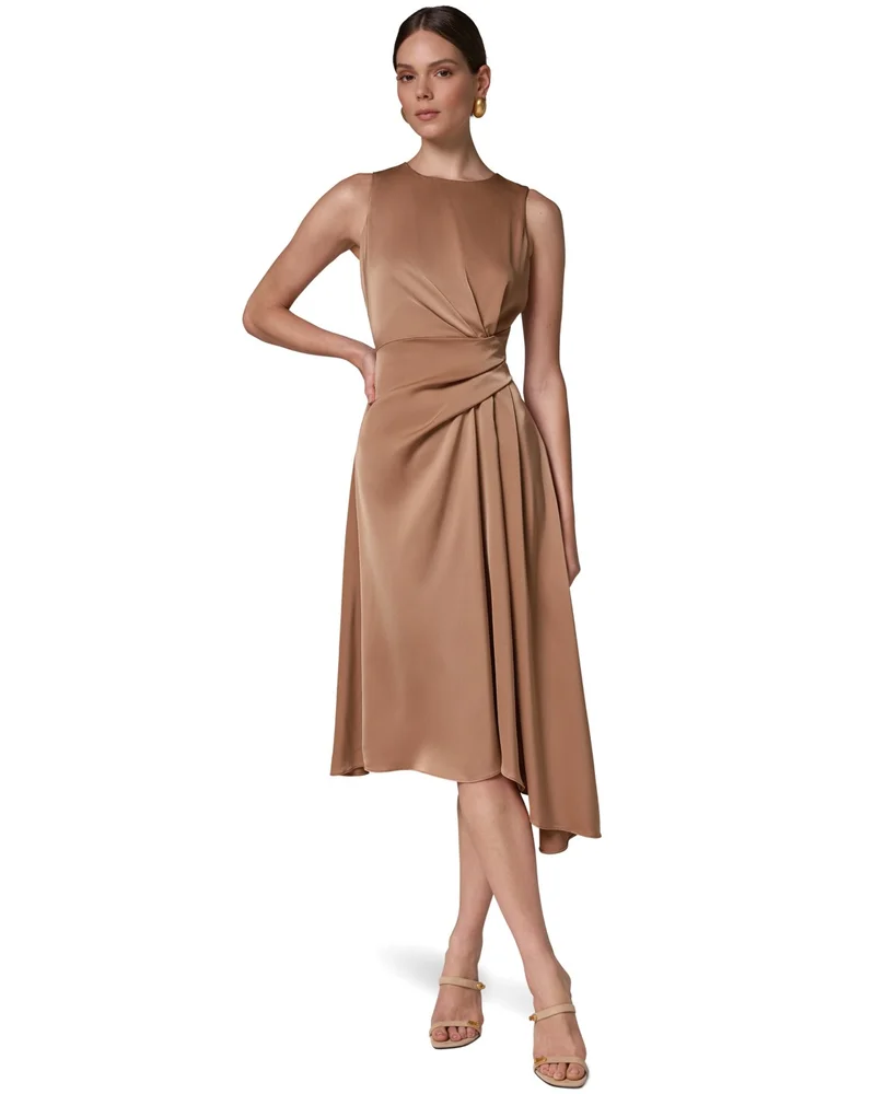 Satin Draped-Waist Asymmetric-Hem Midi Dress