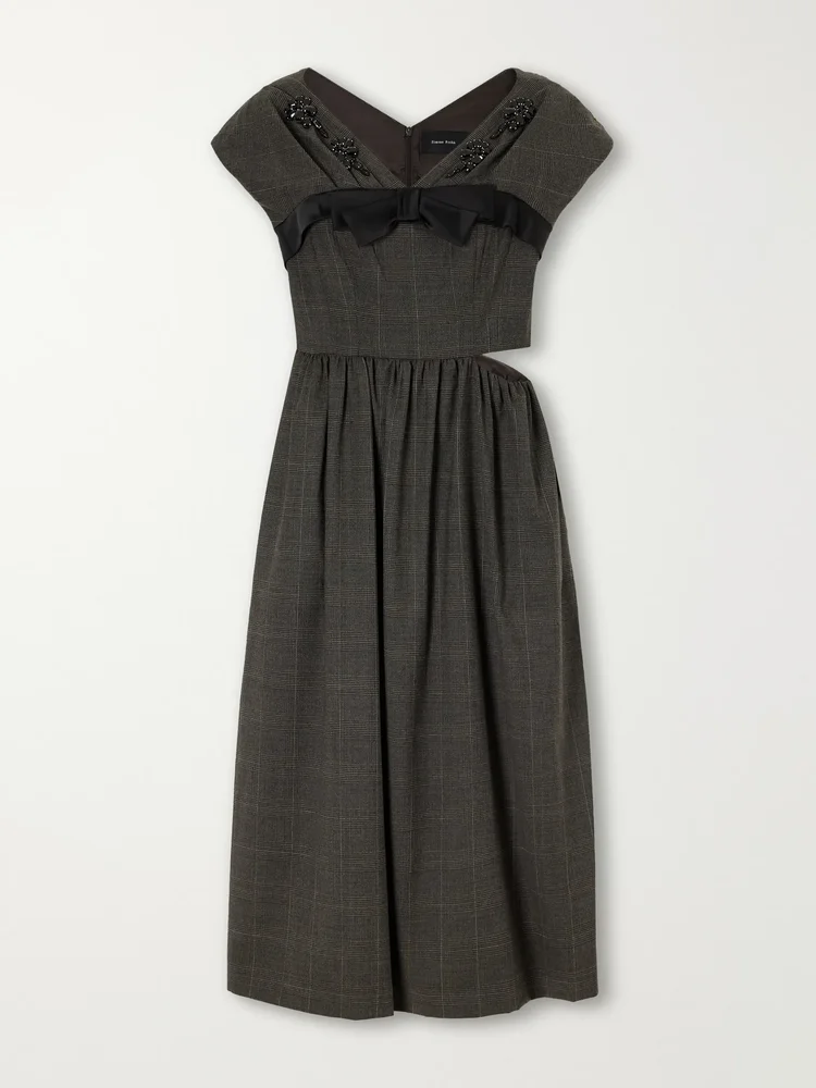 Embellished gathered Prince Of Wales wool-blend midi dress