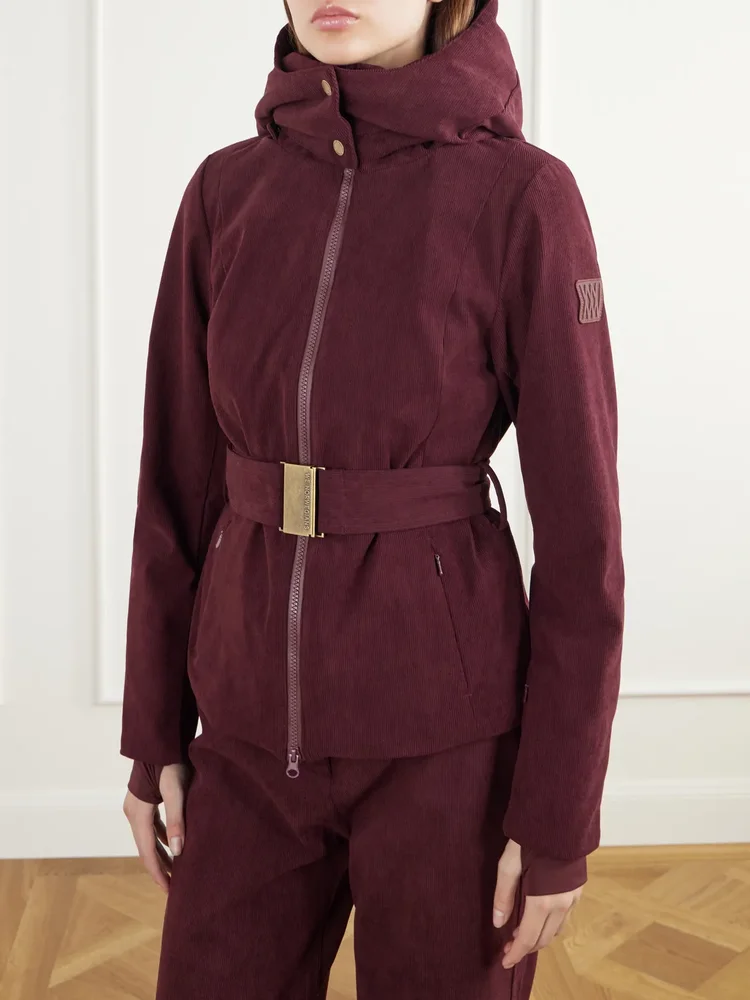 Britt Tailored hooded belted padded corduroy ski jacket